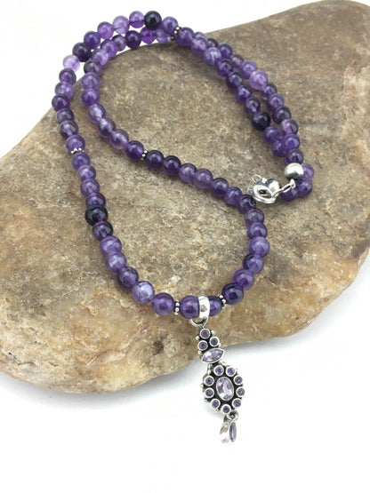 Amethyst Pendant Southwesten Navajo Sterling Silver Beads Necklace 19" 04914