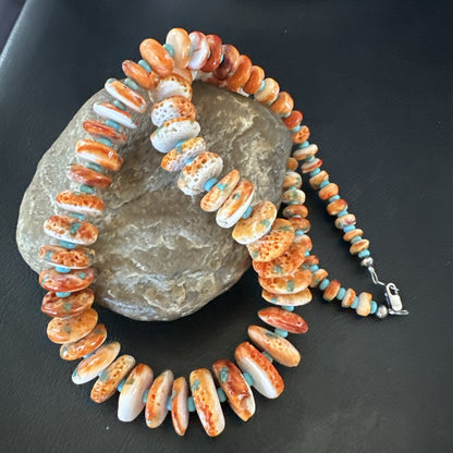 Orange Spiny Oyster Blue Turquoise Navajo Sterling Silver Necklace 23" 18087