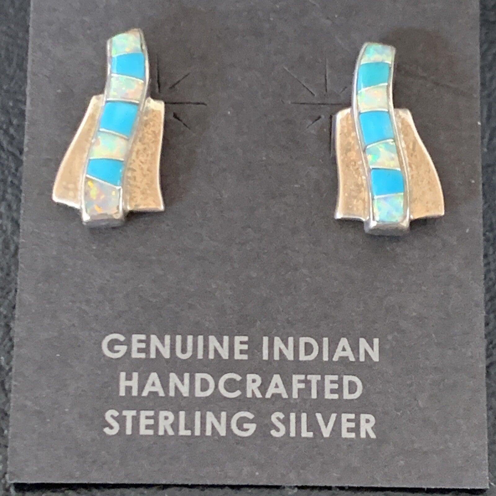 Womens Blue Turquoise & White Opal Navajo Sterling Silver Inlay Earrings 12898