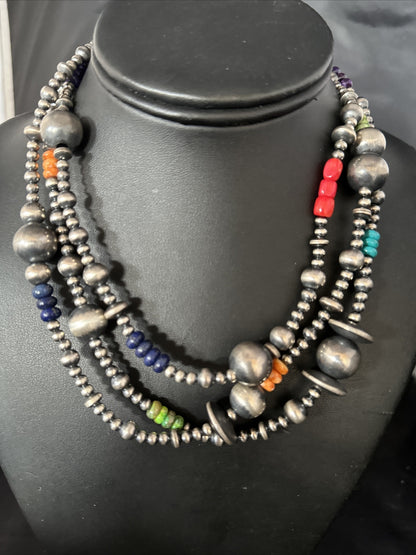 Turquoise Coral & Spiny Oyster Navajo Pearls Sterling Silver Bead Necklace 60"