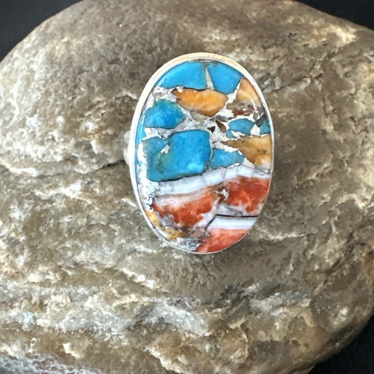 Blue Turquoise Spiny Oyster Southwestern Sterling Silver Ring Size 9 18461