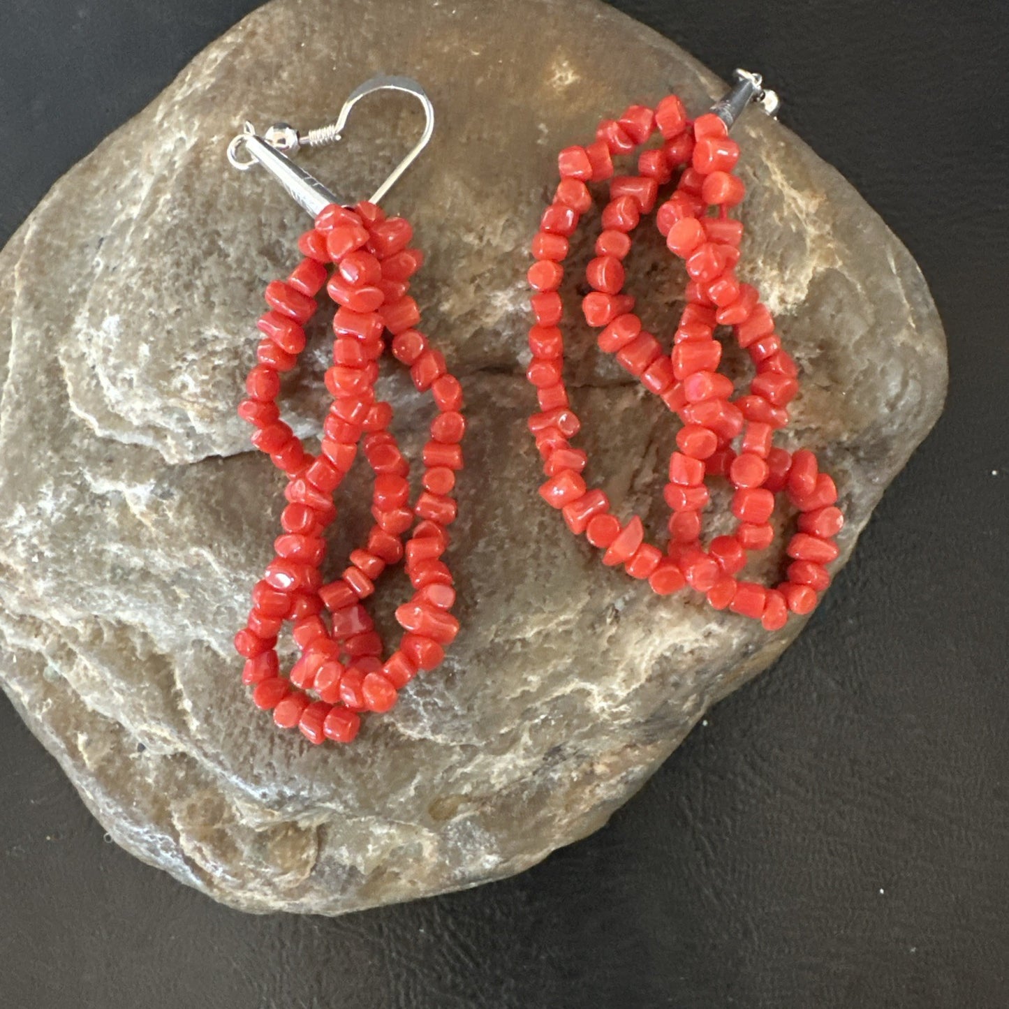 Native Red Real Coral Nugget Sterling Silver Dangle 2 Strand Earrings 2" 19347