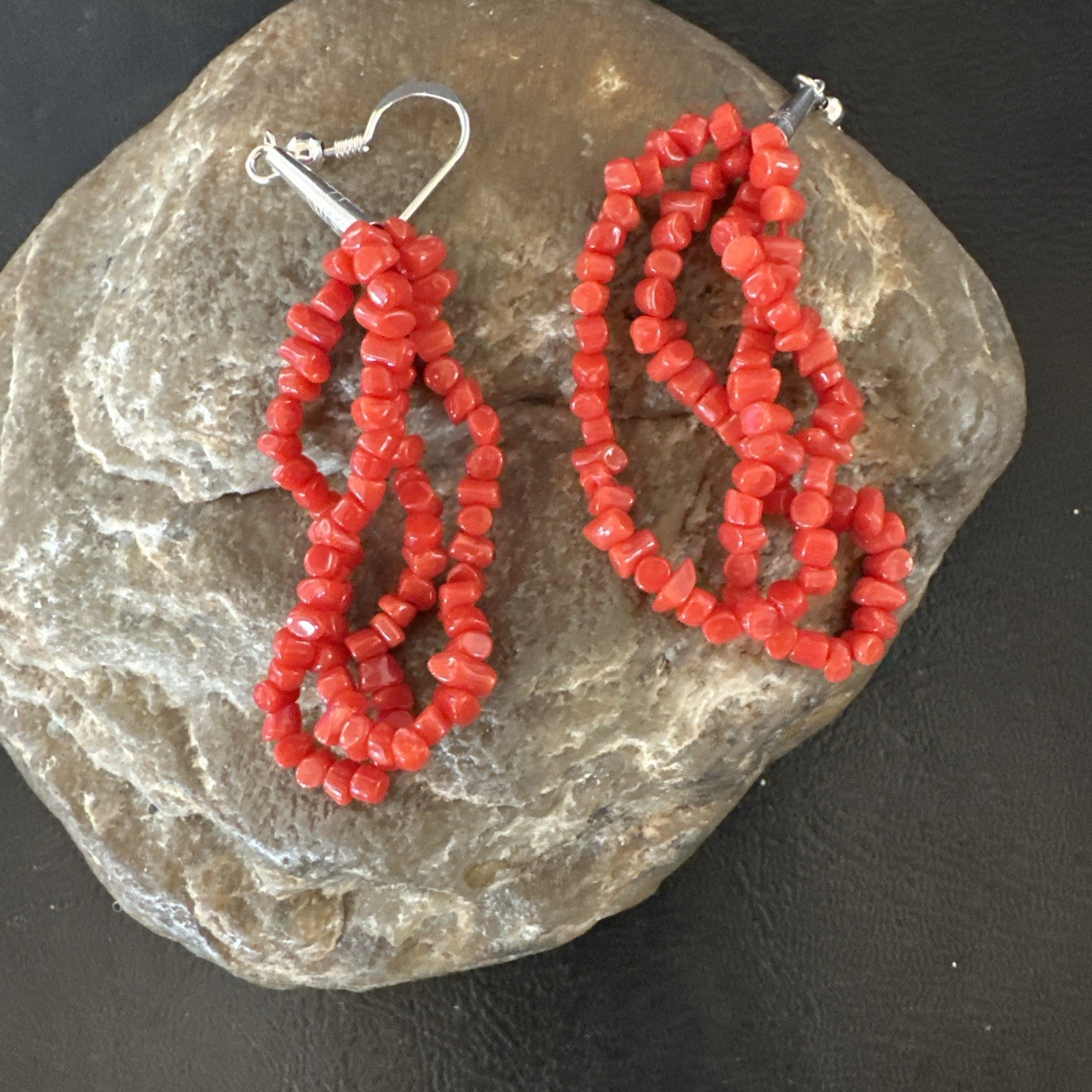 Native Red Real Coral Nugget Sterling Silver Dangle 2 Strand Earrings 2" 19347