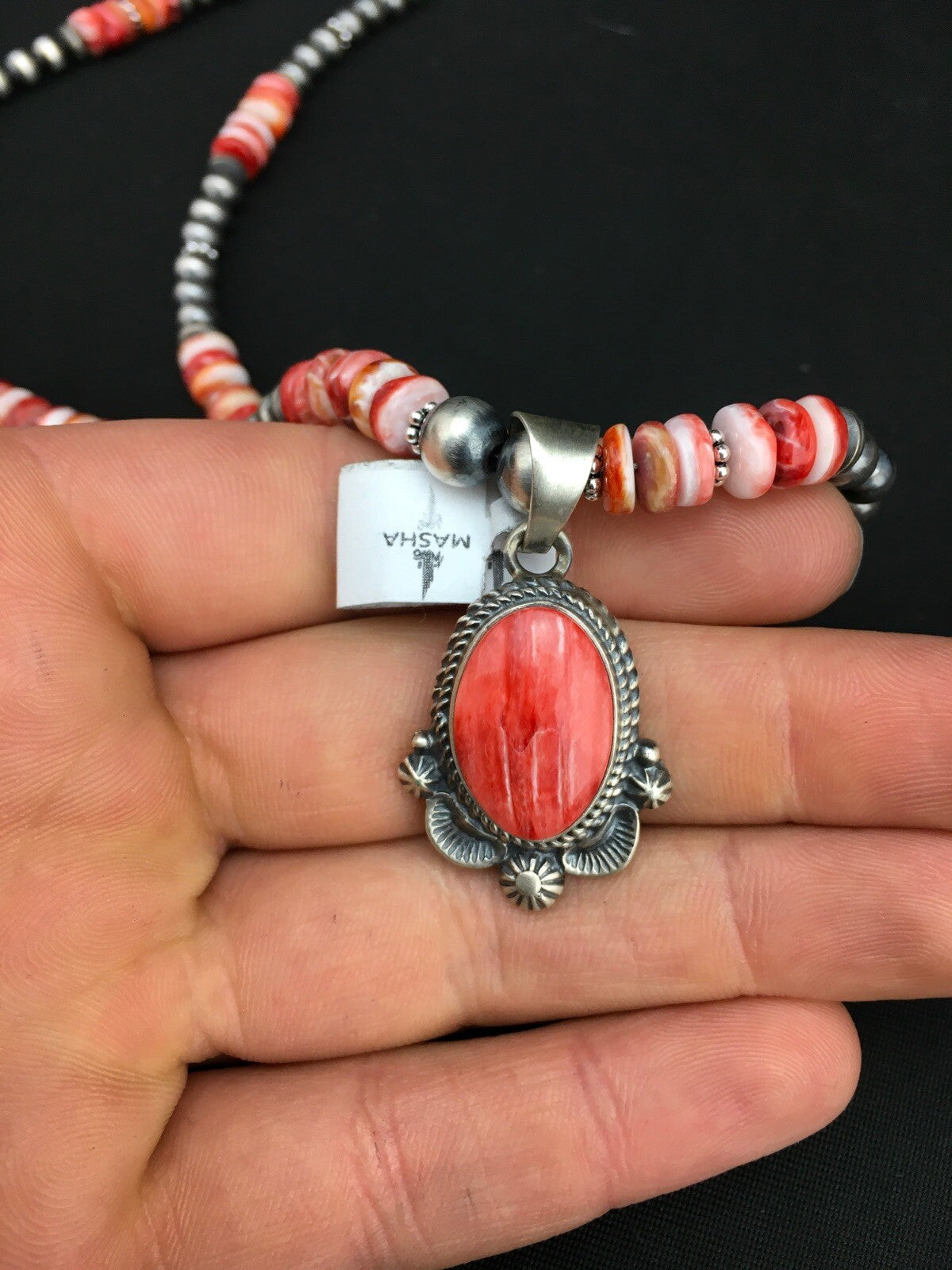 Red Spiny Oyster Pendant Navajo Pearls Sterling Silver Necklace 2685