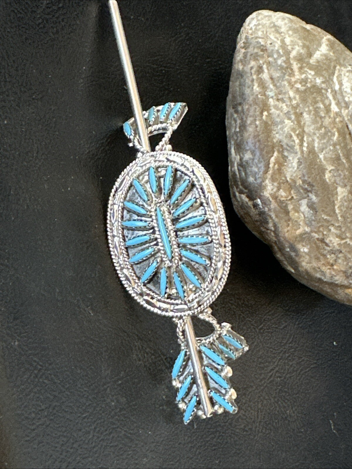 A Zuni Needle Point Sterling Silver Blue Turquoise Hair Barrette 4" 18622