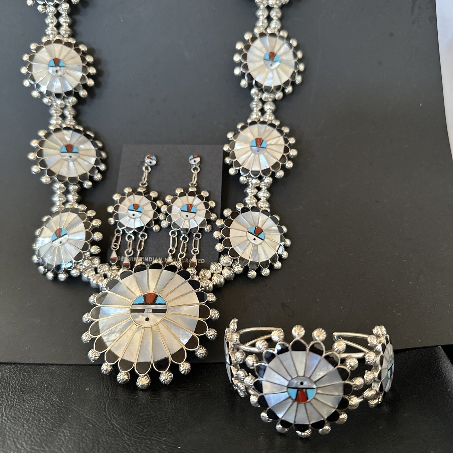 Sunface Onyx Turquoise MOP Zuni Sterling Silver Squash Necklace Bracelet 18148