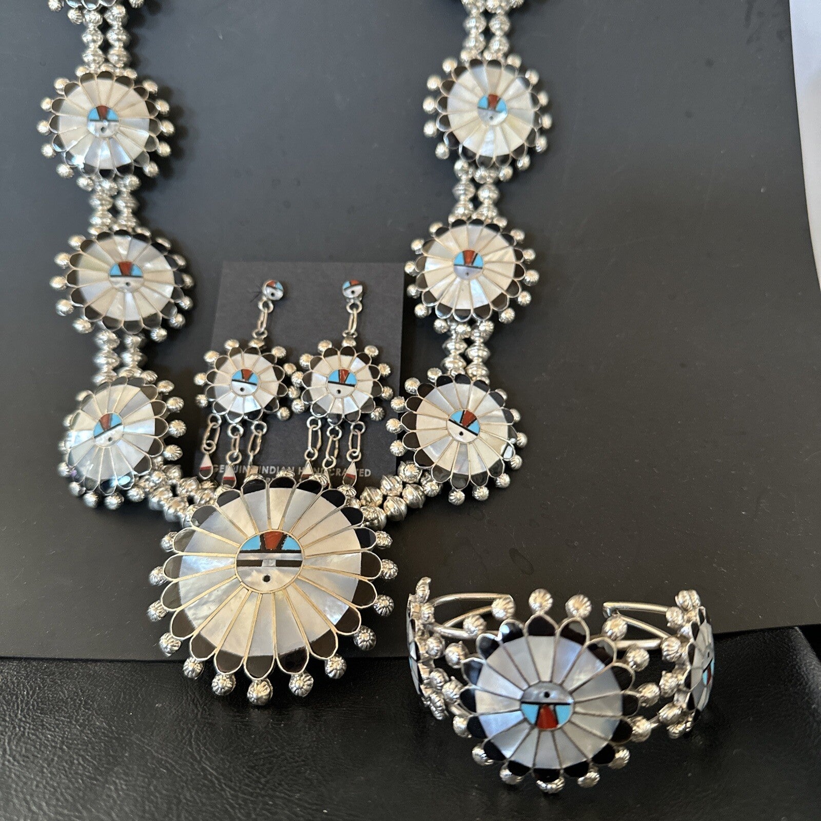 Sunface Onyx Turquoise MOP Zuni Sterling Silver Squash Necklace Bracelet 18148
