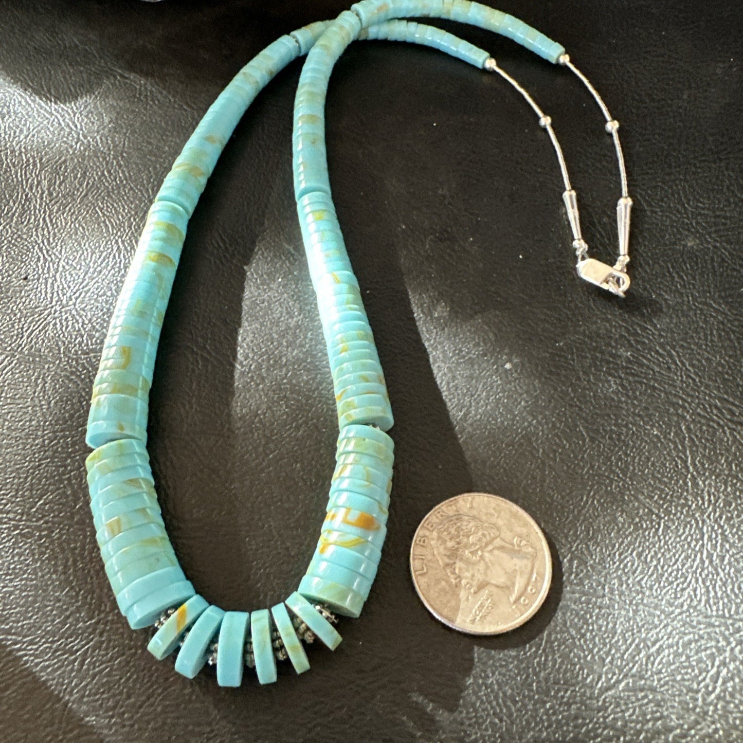 23” Turquoise Heishi Stabilized Graduated Blue Gr Sterling Silver Necklace 19726