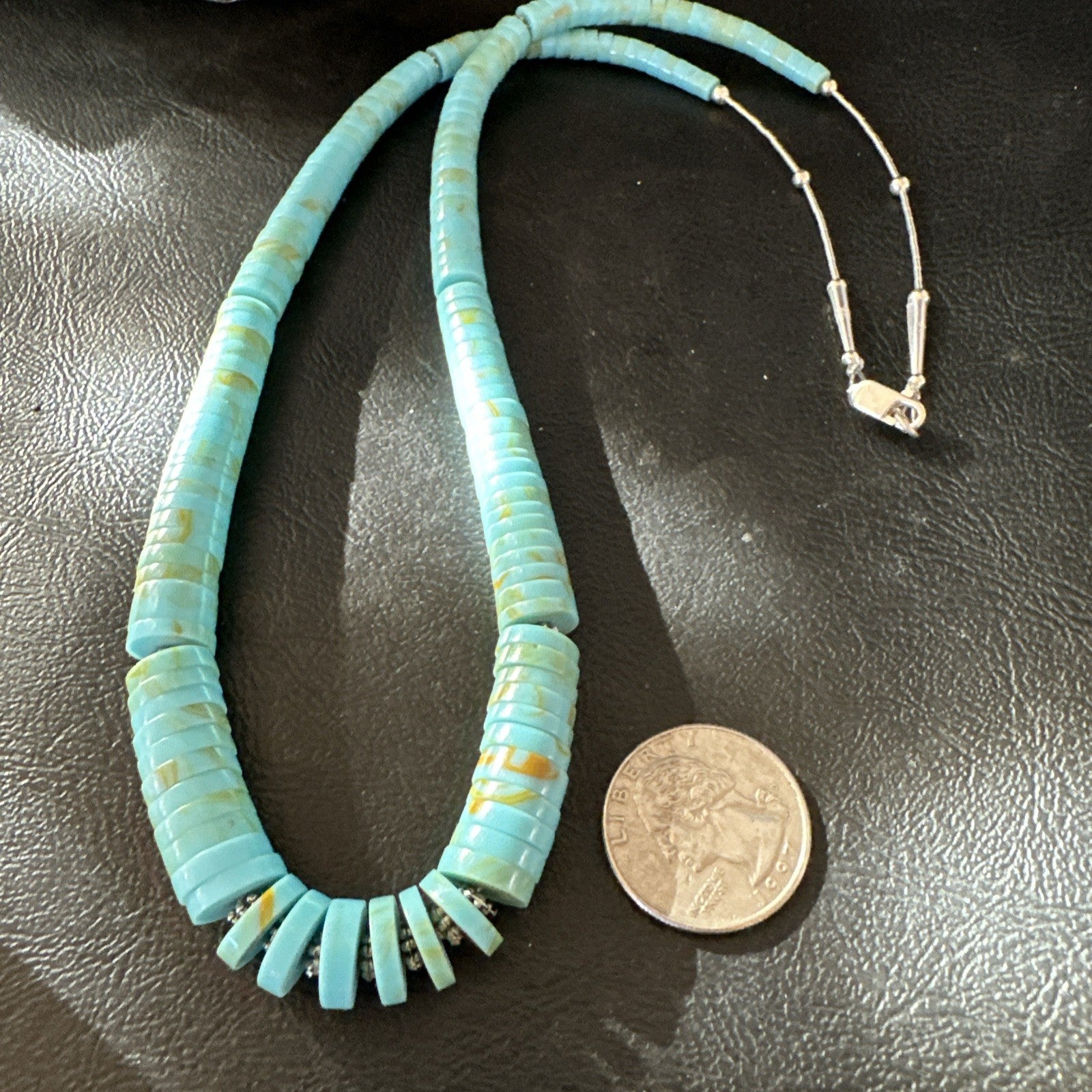 23” Turquoise Heishi Stabilized Graduated Blue Gr Sterling Silver Necklace 19726