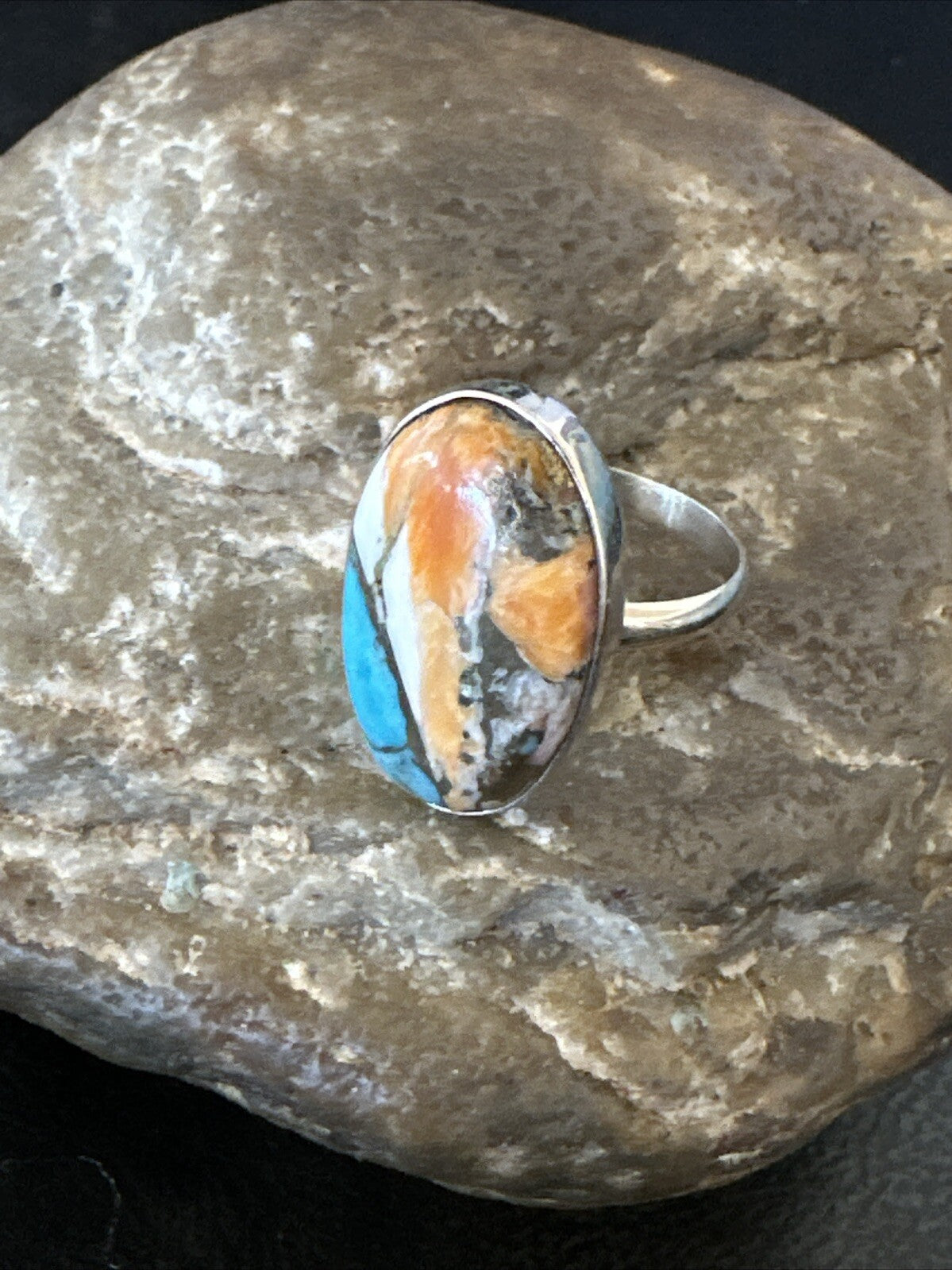 Blue Turquoise Spiny Oyster Southwestern Sterling Silver Ring Size 8 18430