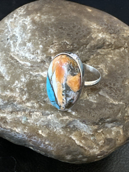 Blue Turquoise Spiny Oyster Southwestern Sterling Silver Ring Size 8 18430