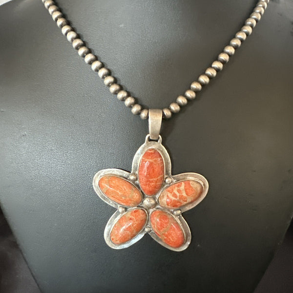 Navajo Apple Sponge Coral Necklace Pendant | Sterling Silver | Authentic Native American Handmade | 18133