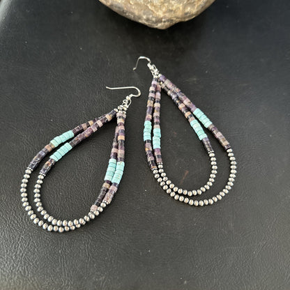 XL  Purple Stone Turquoise Sterling Silver Heishi Bead Earrings 4" 17837
