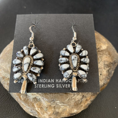 Cluster Navajo White Buffalo Turquoise Sterling Silver Dangle Earrings 12837