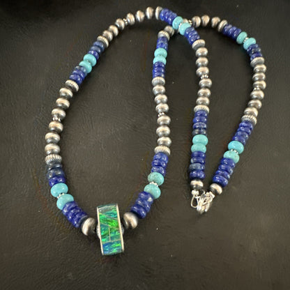 Mens Blue Turquoise Lapis Opal Pendant Navajo Sterling Silver Necklace 20" 17897