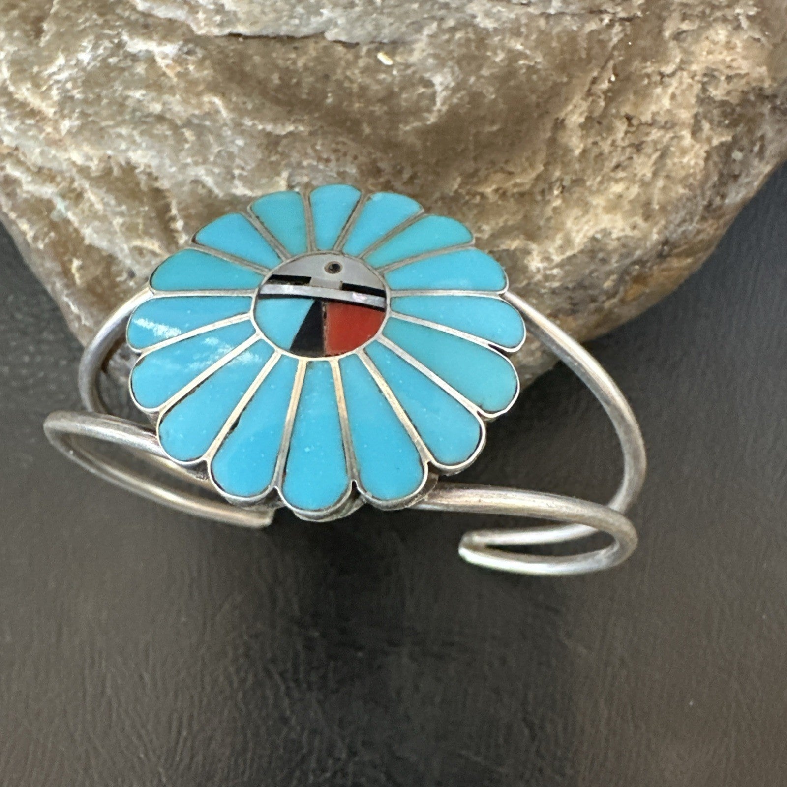 Old Pawn Sunface Turquoise Zuni Sterling Silver Onyx Bracelet 6.5” 19129