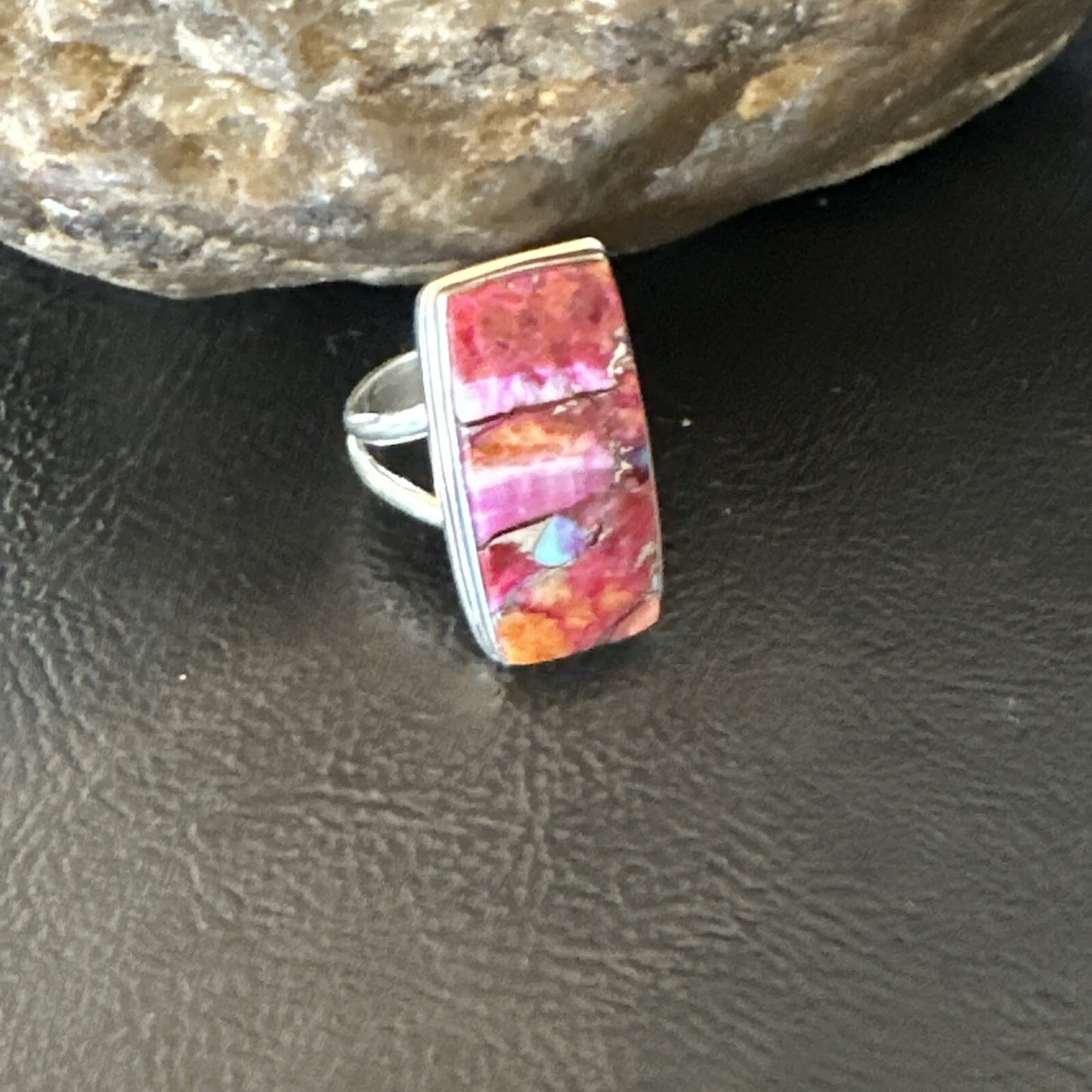 Blue Turquoise Spiny Oyster Southwestern Sterling Silver Ring Size 7 18488