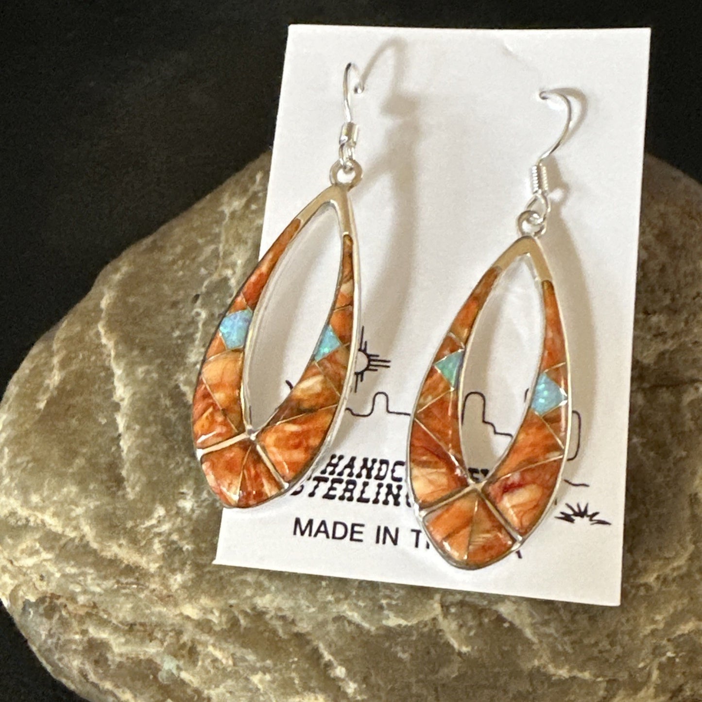 Women Opal Spiny Oyster Inlay Southwestern Sterling Silver Dangle Earrings 19136