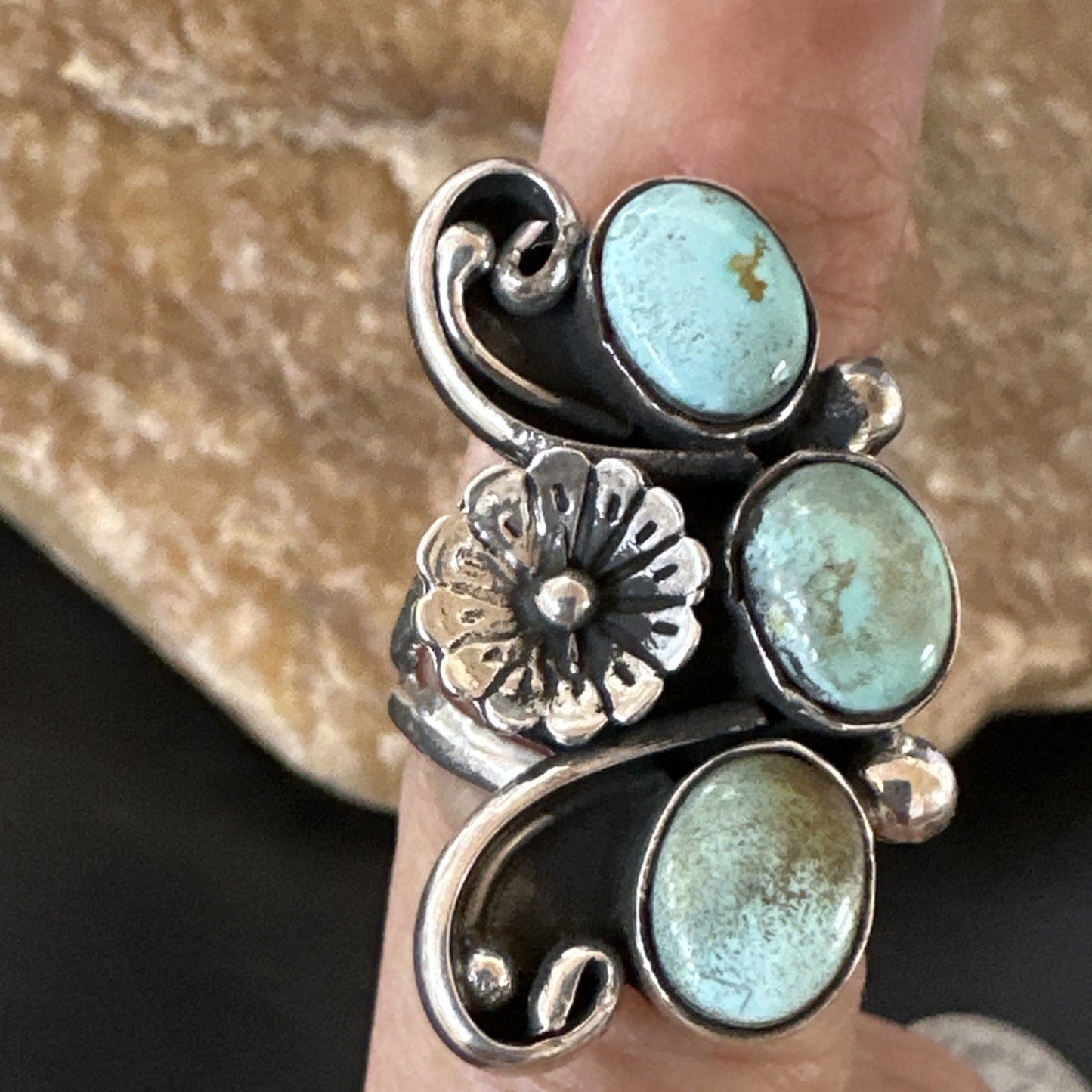Yazzie Ring Green Turquoise Navajo Sterling Silver Cluster Size 8.5 19213