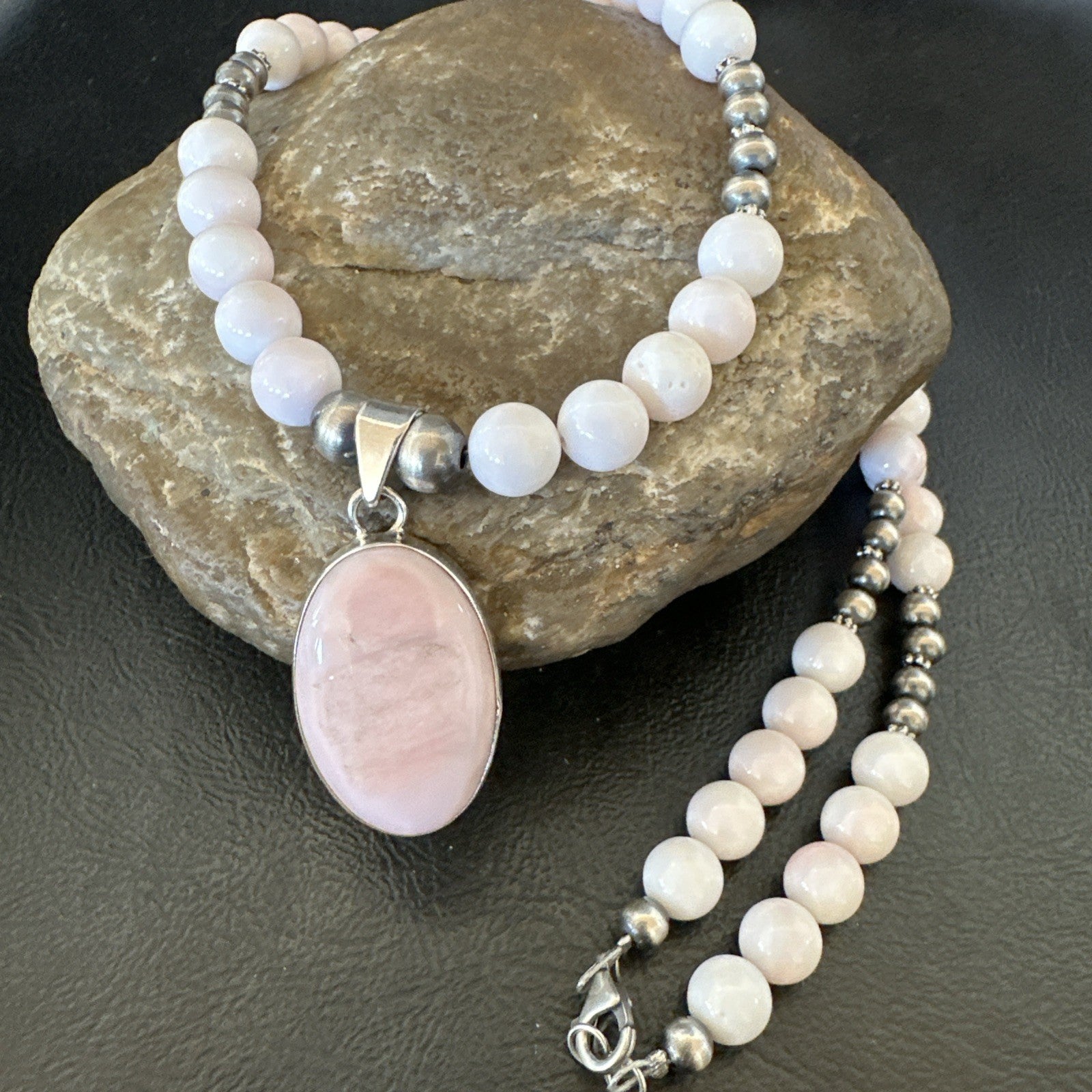 Southwestern Sterling Silver Pink Queen Conch Bead Necklace Pendant 20" 19581
