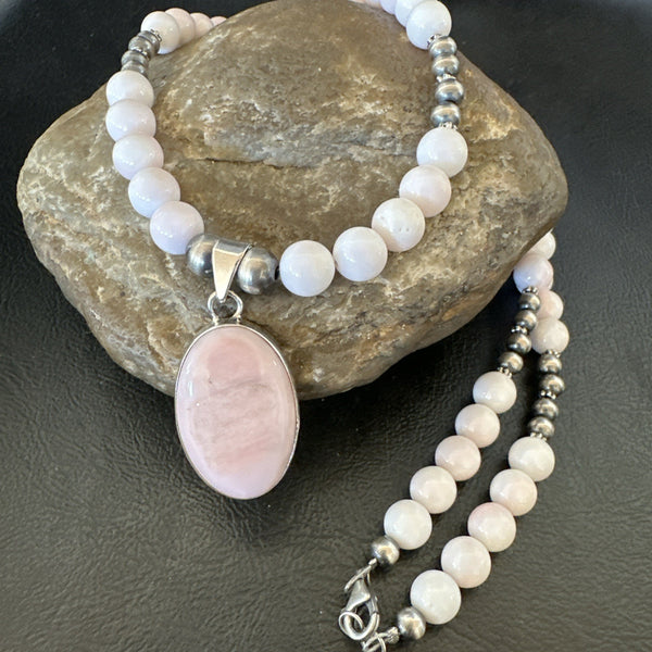 Southwestern Pink Queen Conch Bead Necklace Pendant 20" | Sterling Silver | Authentic Native American Handmade | 19581
