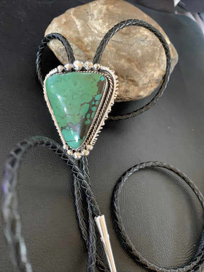 Native Mens Green Spider Web Turquoise Navajo Sterling Silver Bolo Tie 12904