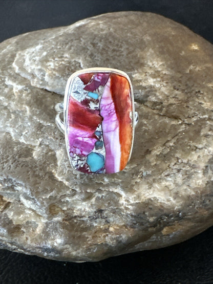 Blue Turquoise Spiny Oyster Southwestern Sterling Silver Ring Size 8 18487