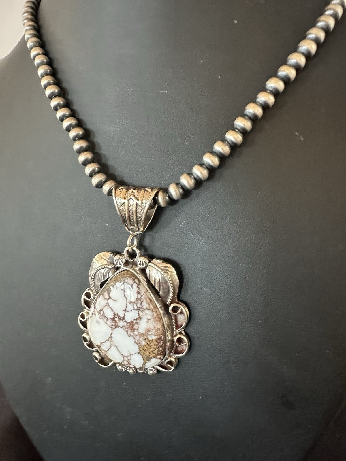 Navajo Pearls Sterling Silver Wild Crazy Horse Turquoise Necklace Pendant 19390