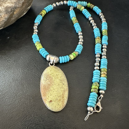 Green Gaspeite Pendant Blue Turquoise Navajo Sterling Silver Necklace 20" 19671