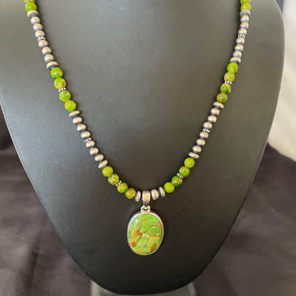 Women Green Mohave Turquoise Pendant Sterling Silver Beads Necklace 10311