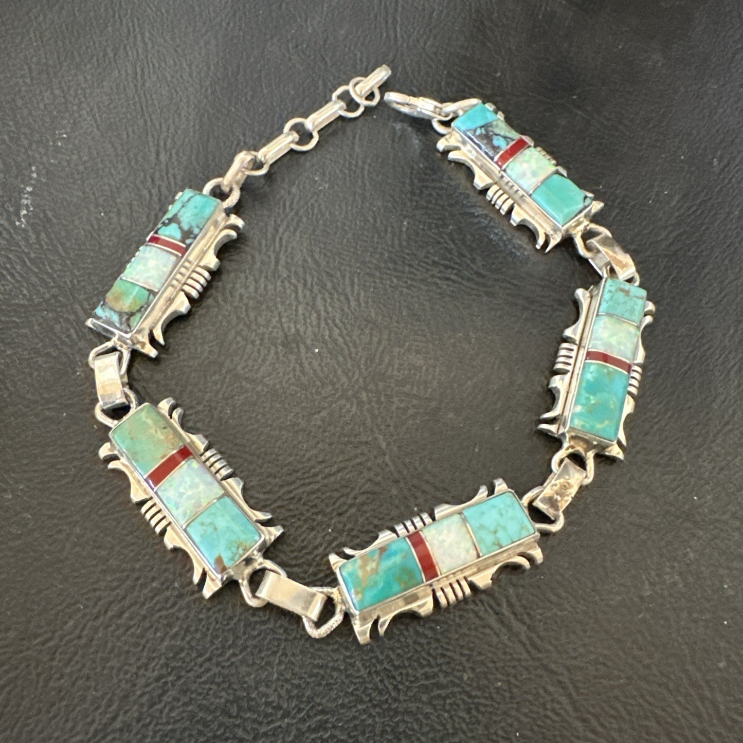 A Womens Blue Turquoise Opal Navajo Sterling Silver Link Bracelet 9" 19791