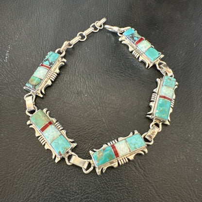 A Womens Blue Turquoise Opal Navajo Sterling Silver Link Bracelet 9" 19791