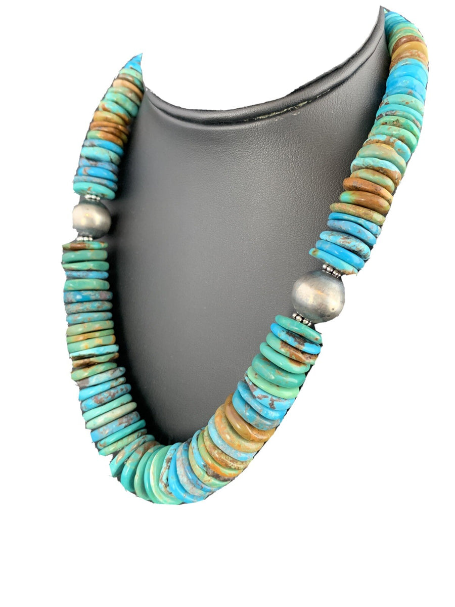 Mens Blue Green Turquoise Navajo Sterling Silver Necklace 00231