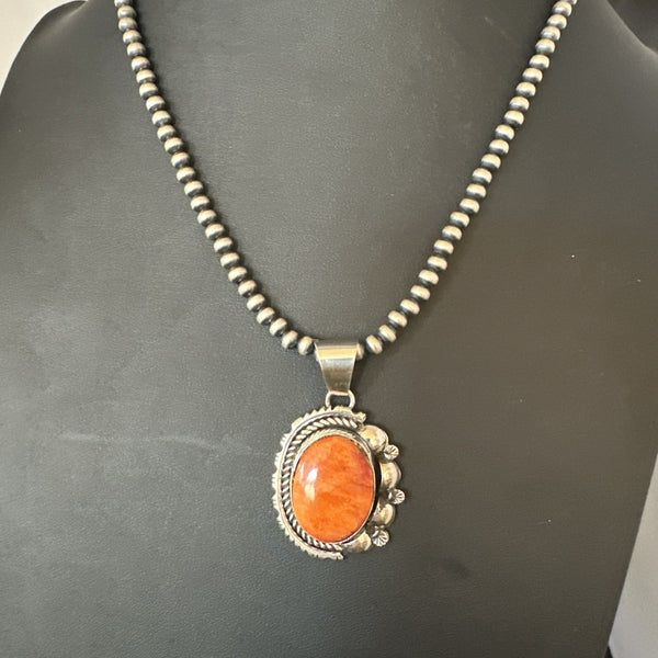 Yazzie Orange Spiny Oyster Pendant Navajo Necklace | Sterling Silver | Authentic Native American Handmade | 19490
