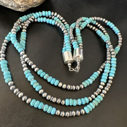 Navajo Pearls Blue Turquoise Necklace 3-Strand Sterling Silver 16305