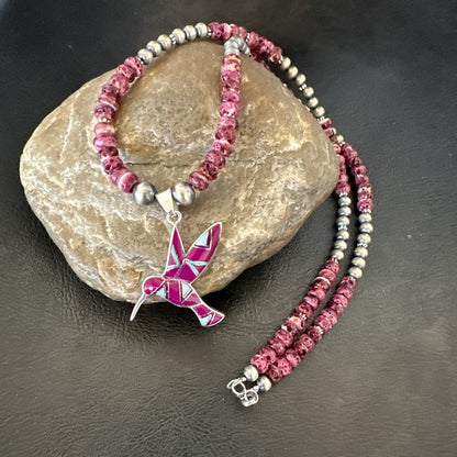 HummingBird Purple Spiny Sugilite Pendant Navajo Sterling Silver Necklace 19607