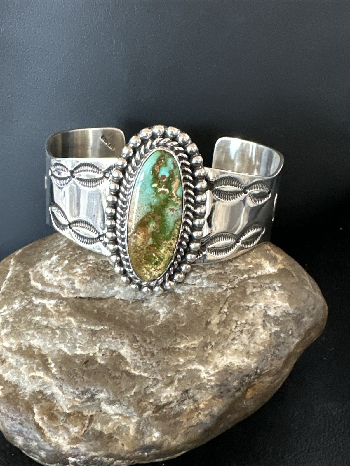 Navajo Green Royston TURQUOISE Stamped Sterling Silver Cuff Bracelet 18642