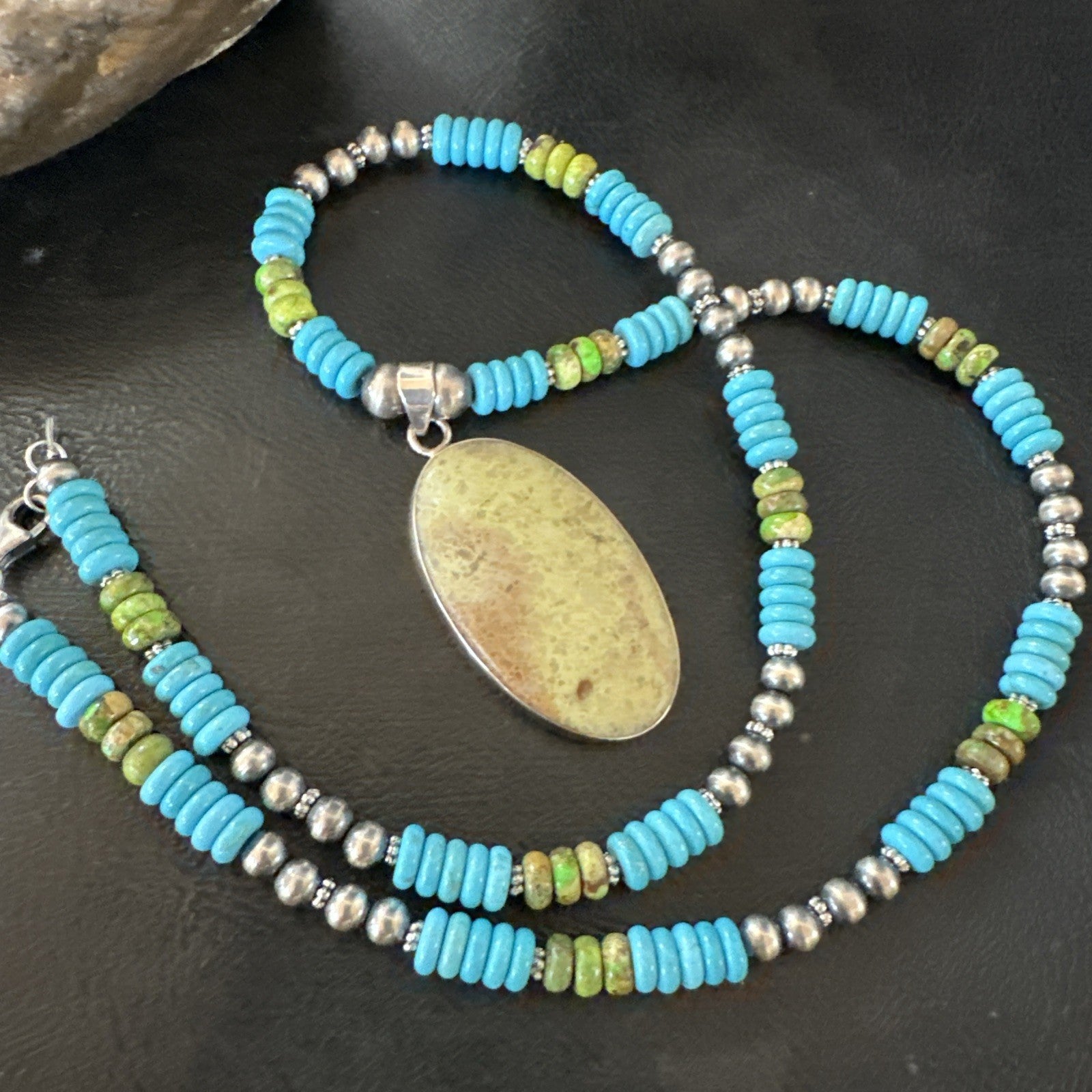 Green Gaspeite Pendant Blue Turquoise Navajo Sterling Silver Necklace 20" 19671
