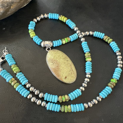 Green Gaspeite Pendant Blue Turquoise Navajo Sterling Silver Necklace 20" 19671