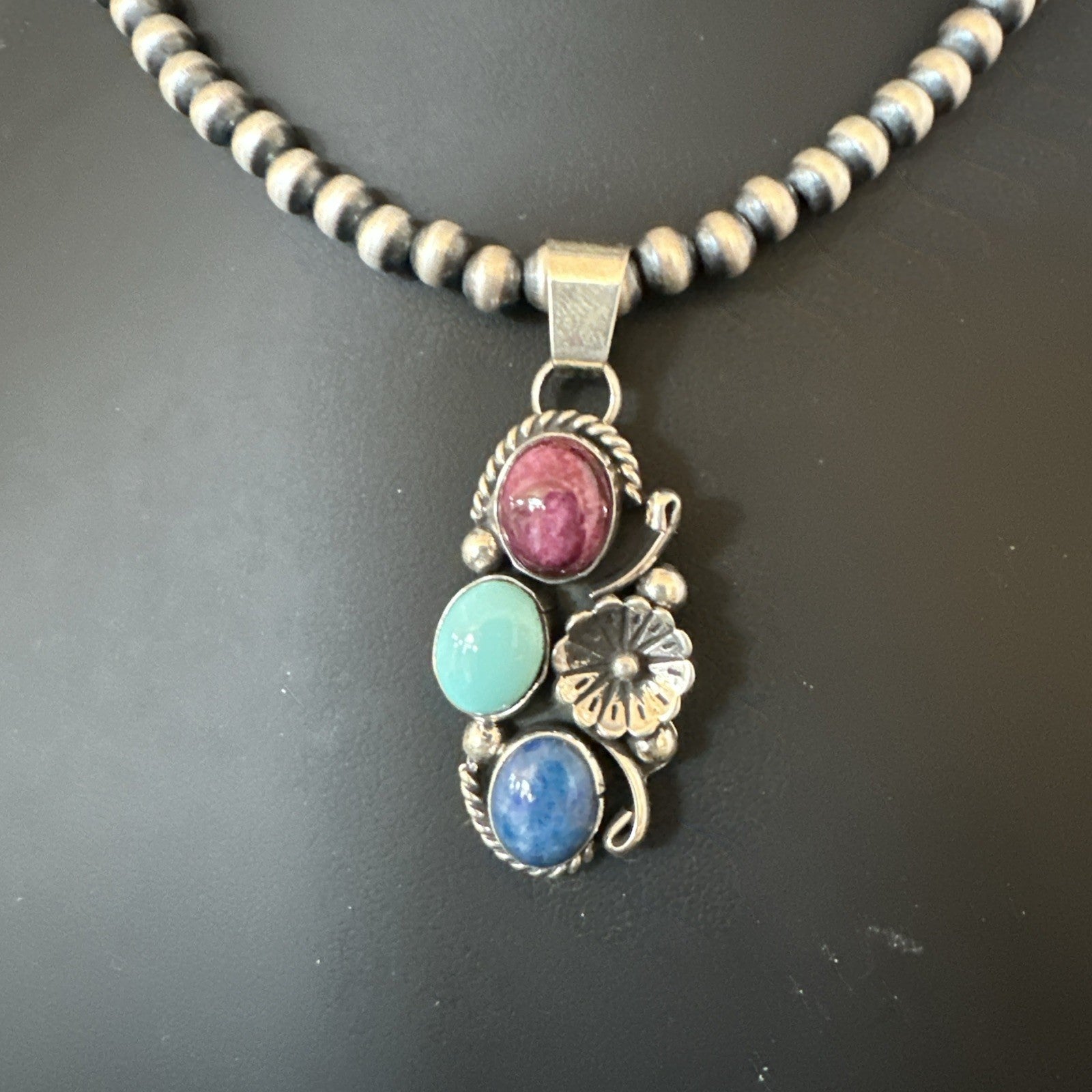 Multicolor Turquoise Lapis Navajo Sterling Silver Cluster Pendant Necklace 19246