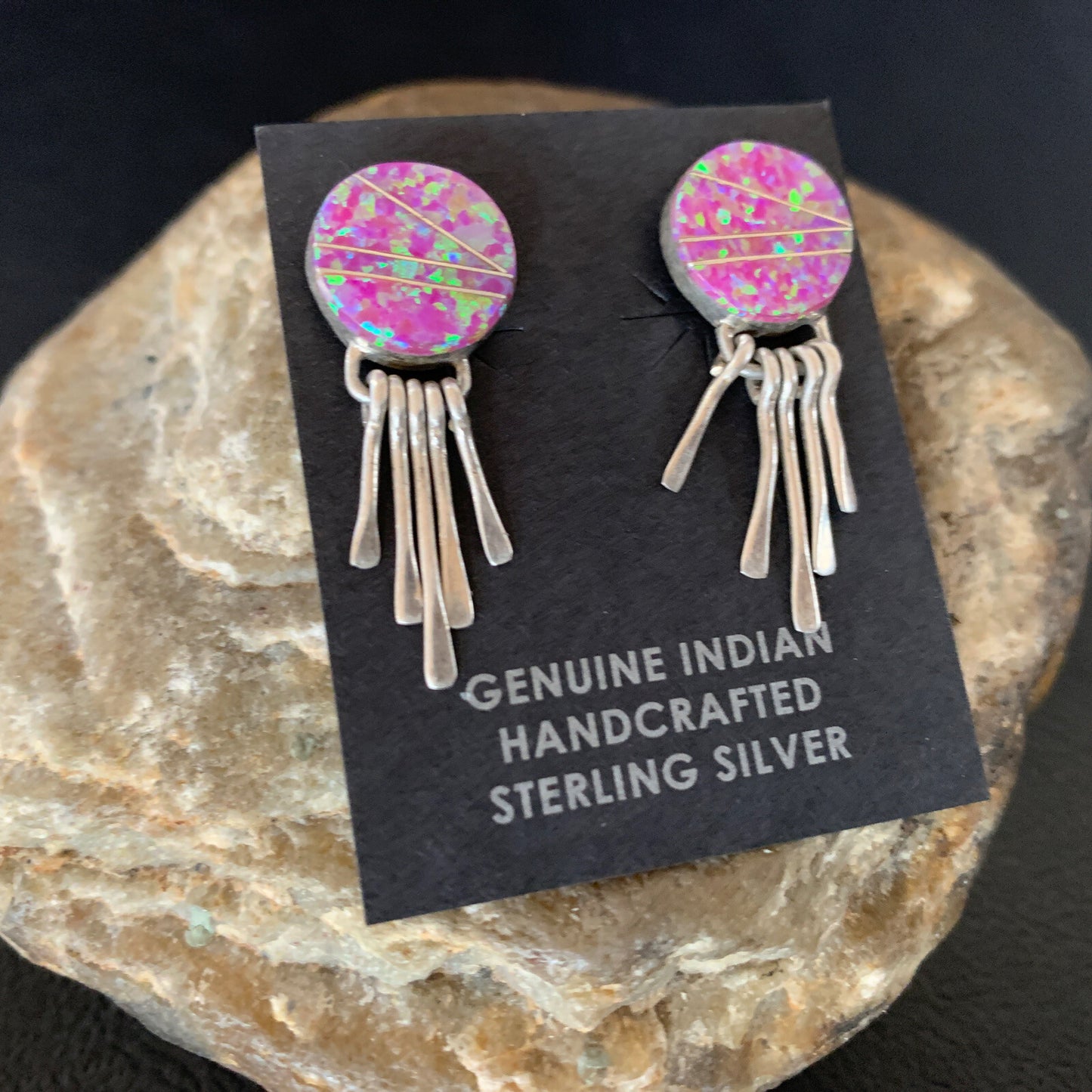 Womens Pink Opal Inlay Navajo Sterling Silver Dangle Post Earrings 1.3" 12758