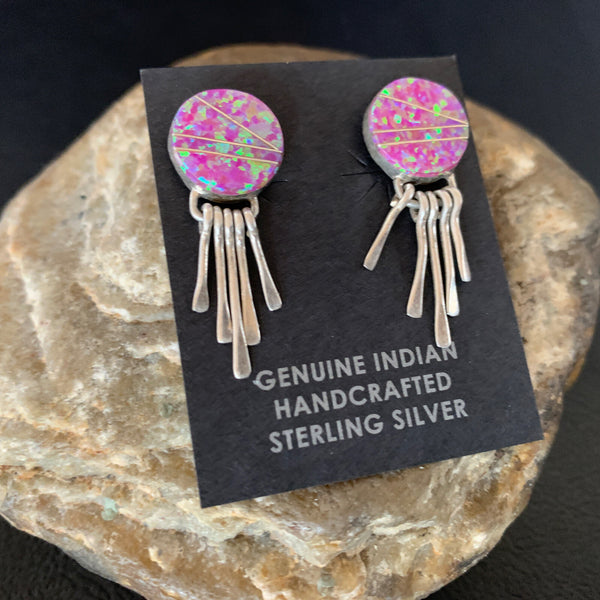 Women's Pink Opal Inlay Navajo Dangle Post Earrings 1.3" | Sterling Silver | Authentic Native American Handmade | 12758