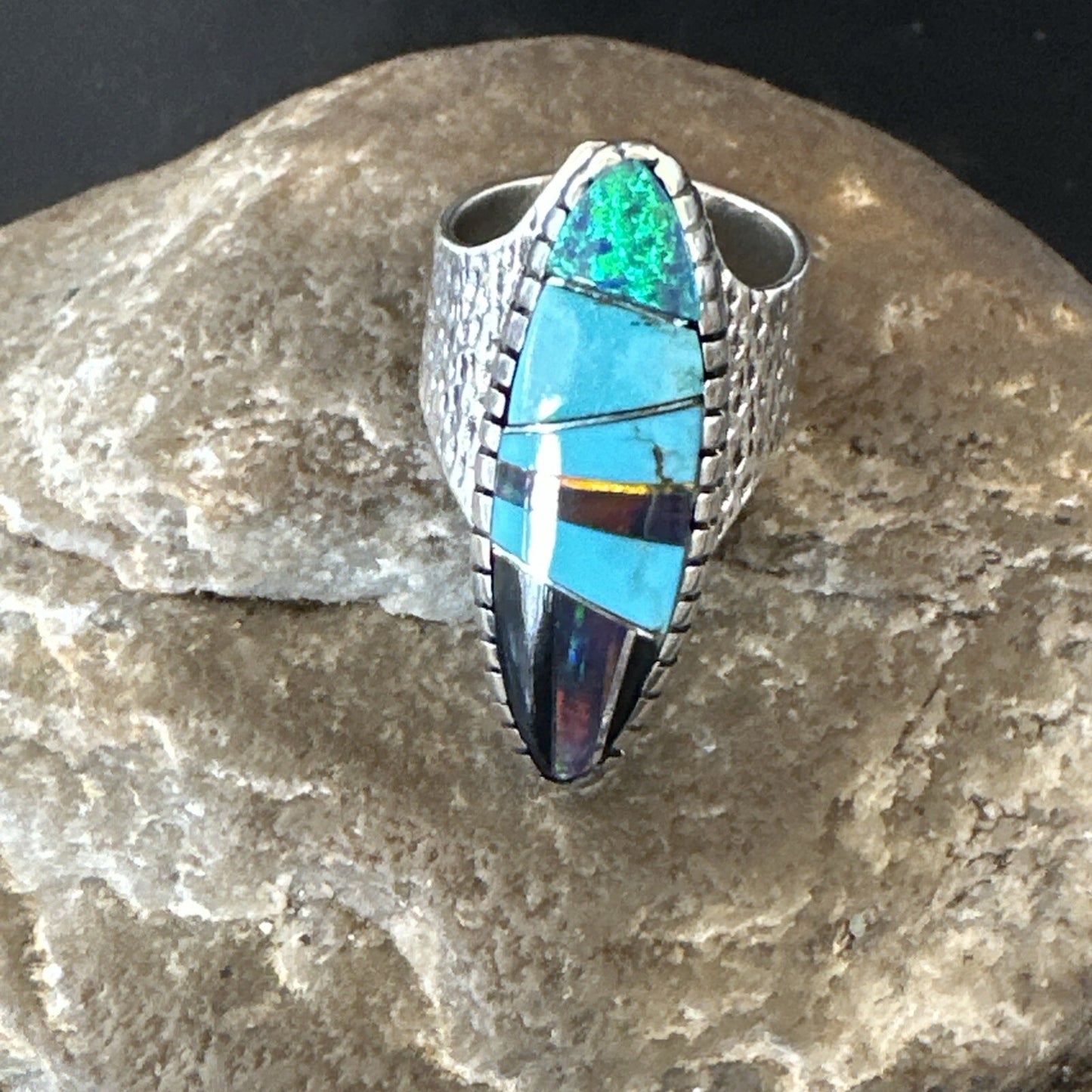Men Navajo Multi-Color Opal Turquoise Inlay Sterling Silver Ring Size 6 18756