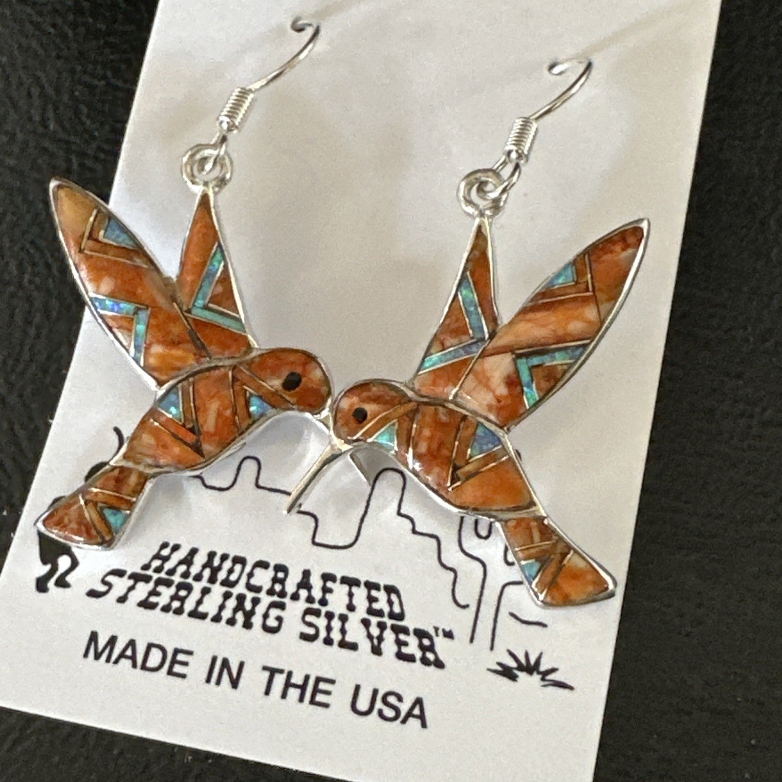 Orange Spiny Oyster Opal Sterling Silver Hummingbird Dangle Earrings 19133