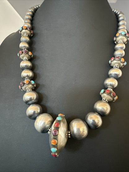 Multicolor Spiny Navajo Pearls Turquoise Sterling Silver Necklace 23” 19448