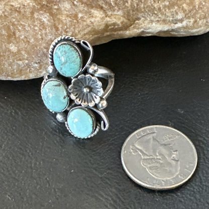 Yazzie Ring Blue Turquoise Navajo Sterling Silver Cluster Size 10 19218
