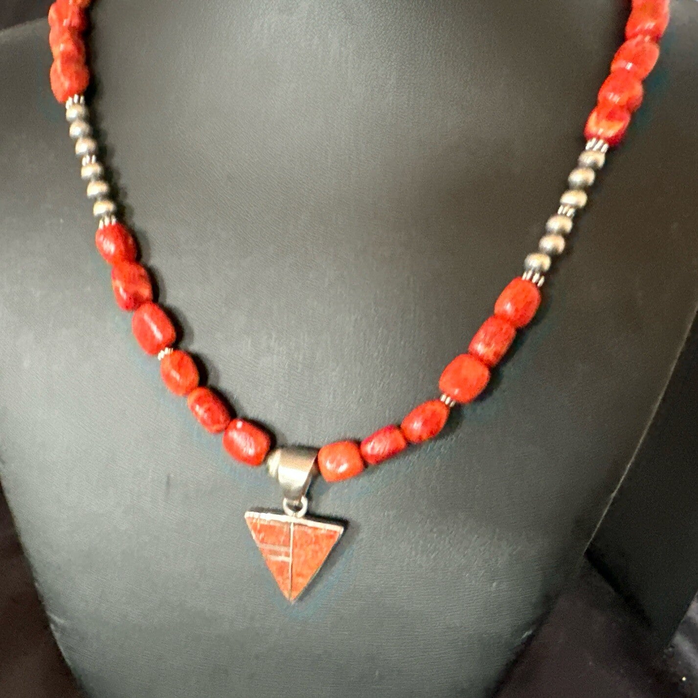 Navajo Apple Sponge Coral Sterling Silver Necklace Inlay Pendant 21” 18755