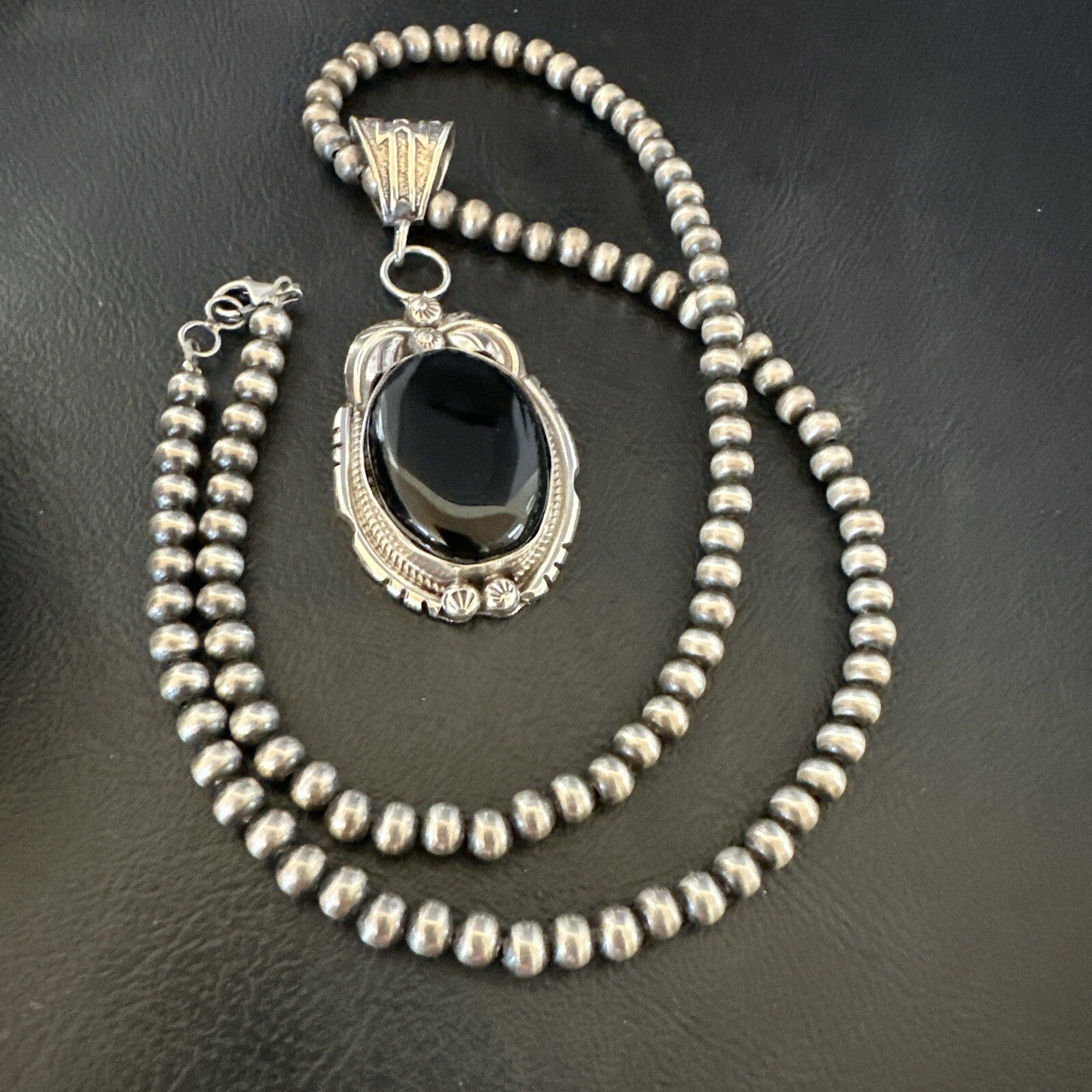 Mens Sterling Silver Beads Black Onyx Pendant Necklace 17992