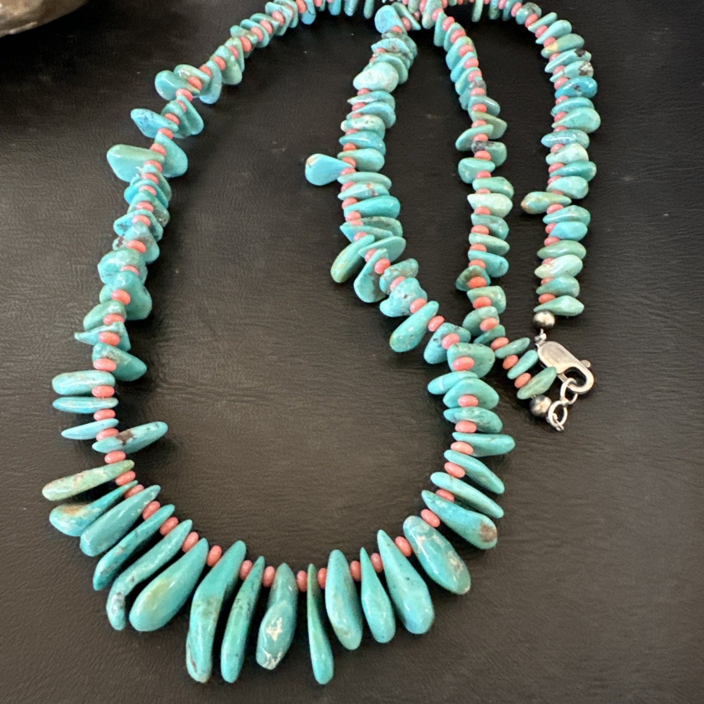 Mens Women Navajo Blue Turquoise Pink Coral Necklace Sterling Silver 28” 19746