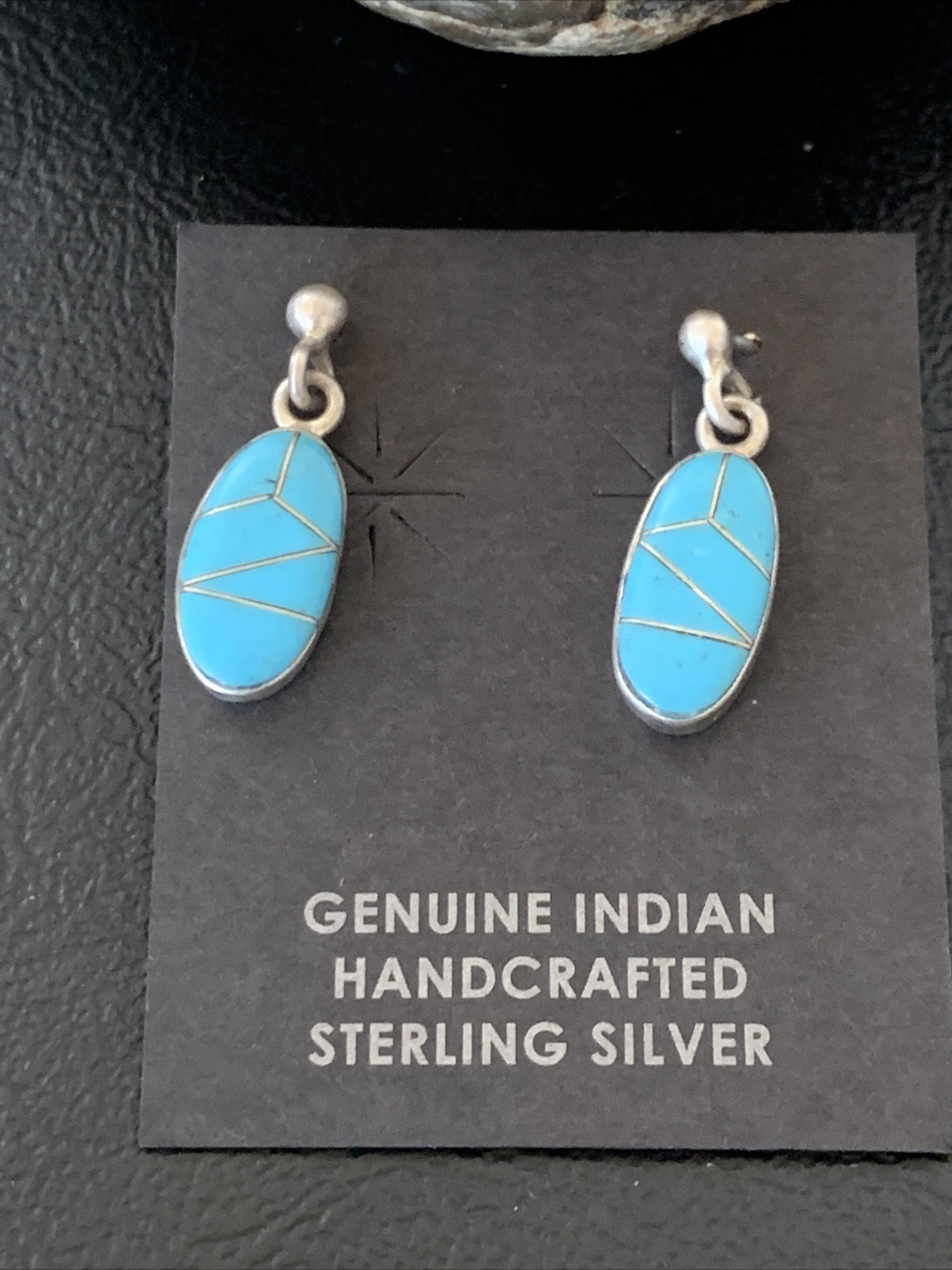 Navajo Blue Turquoise Sterling Silver Dangle Post Inlay Earrings 0.7" 12719